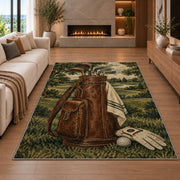 Leather golf bag rug in a living room with a fireplace