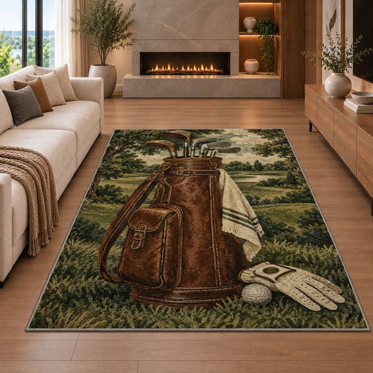 Leather golf bag rug in a living room with a fireplace