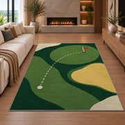 Minimal golf green rug in a living room with a fireplace