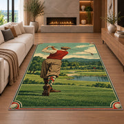 Vintage golfer poster rug in a living room with a fireplace