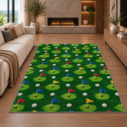 Golf flags pattern rug in a living room with a fireplace