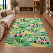 Kids golf rug in a living room with a fireplace