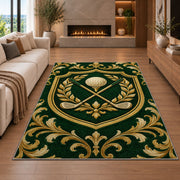 Golf club crest rug in a living room with a fireplace