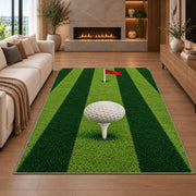 Fairway stripes rug in a living room with a fireplace