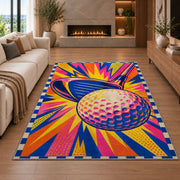 Pop art golf rug in a living room with a fireplace