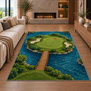 Island green rug in a living room with a fireplace