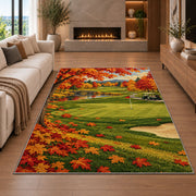Autumn golf course rug in a living room with a fireplace