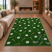 Golf balls and tees rug in a living room with a fireplace