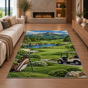 Mountain golf course rug in a living room with a fireplace