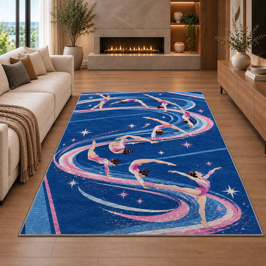 Gymnastics Tumbling Rug in a living room with a fireplace