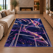 Uneven Bars Gymnastics Rug in a living room with a fireplace