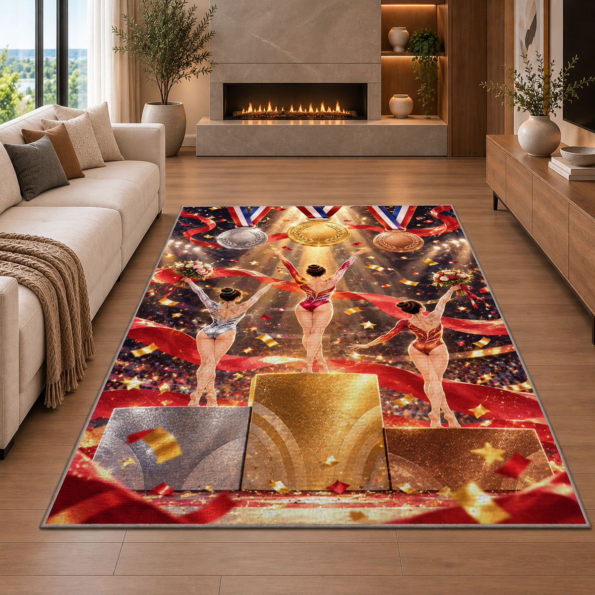 Gymnastics Podium Rug in a living room with a fireplace