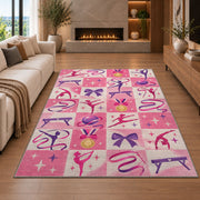 Pink Checkered Gymnastics Rug in a living room with a fireplace