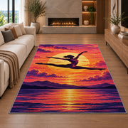 Gymnast Sunset Leap Rug in a living room with a fireplace