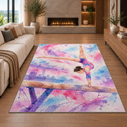 Watercolor Gymnast Rug in a living room with a fireplace