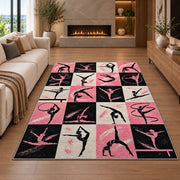 Gymnastics Poses Grid Rug in a living room with a fireplace