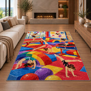 Kids Gymnastics Gym Rug in a living room with a fireplace