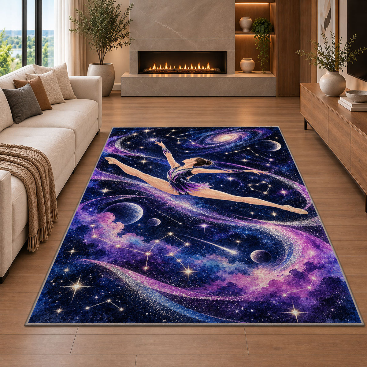 Galaxy Gymnast Rug in a living room with a fireplace