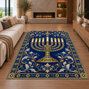 Royal Blue Menorah Rug in a living room with a fireplace