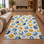 Dreidel and Gelt Pattern Rug in a living room with a fireplace