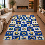 Checkered Hanukkah Rug in a living room with a fireplace