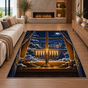 Menorah Window Rug in a living room with a fireplace