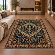 Persian Style Menorah Rug in a living room with a fireplace