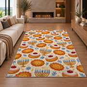 Sufganiyot and Latke Rug in a living room with a fireplace