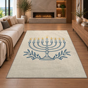 Minimalist Menorah Line Art Rug in a living room with a fireplace