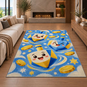 Cute Dreidel Kids Rug in a living room with a fireplace