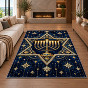 Star of David Menorah Rug in a living room with a fireplace