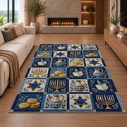 Hanukkah Patchwork Rug in a living room with a fireplace