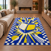 Pop Art Dreidel Rug in a living room with a fireplace