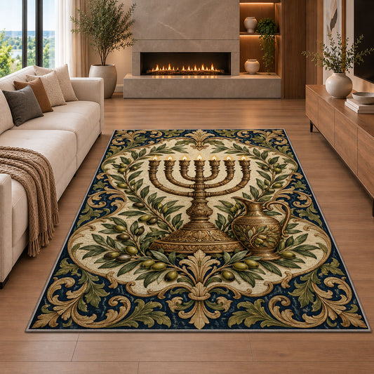 Antique Brass Menorah Rug in a living room with a fireplace