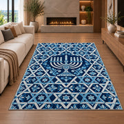 Star of David Lattice Rug in a living room with a fireplace