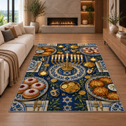 Hanukkah Table Rug in a living room with a fireplace