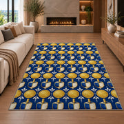 Gold Coin and Dreidel Rug in a living room with a fireplace