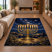 Menorah Starry Night Rug in a living room with a fireplace
