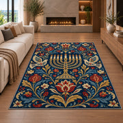 Folk Art Menorah Rug in a living room with a fireplace
