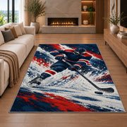 Hockey Player Ice Spray rug in a living room with a fireplace