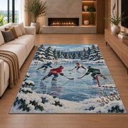Pond Hockey in the Pines rug in a living room with a fireplace