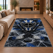 Goalie Mask Crossed Sticks rug in a living room with a fireplace
