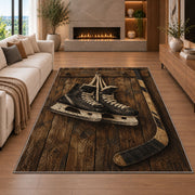 Hockey Skates on Barn Wood rug in a living room with a fireplace