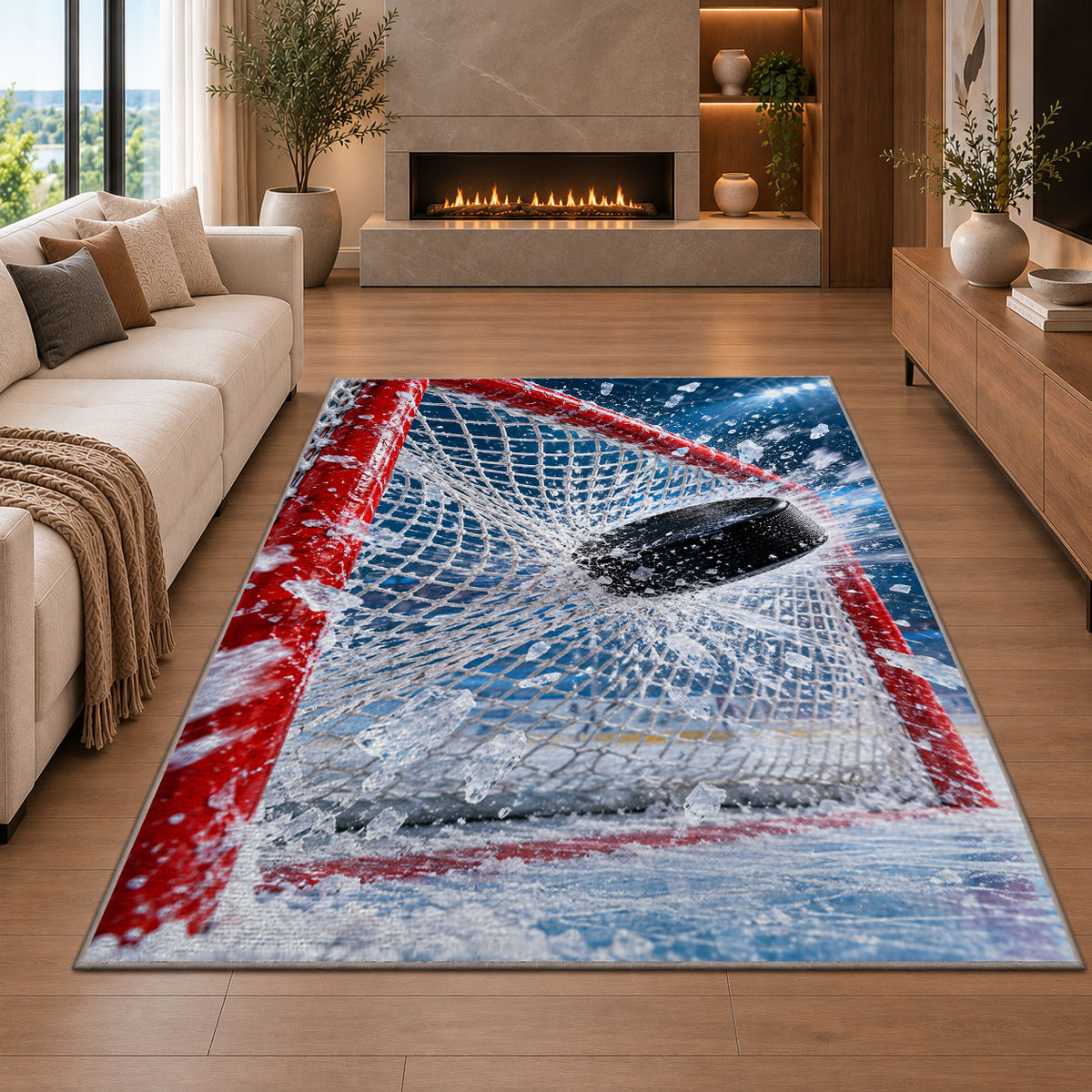 Puck Hitting the Net rug in a living room with a fireplace