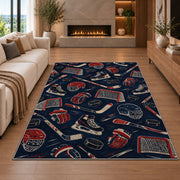Hockey Gear Pattern rug in a living room with a fireplace