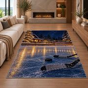 Backyard Rink at Night rug in a living room with a fireplace