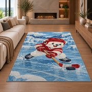 Polar Bear Hockey Player rug in a living room with a fireplace