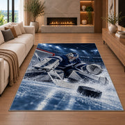Goalie Making the Save rug in a living room with a fireplace