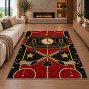 Retro Hockey Scoreboard rug in a living room with a fireplace