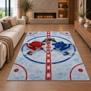 Faceoff at Center Ice rug in a living room with a fireplace